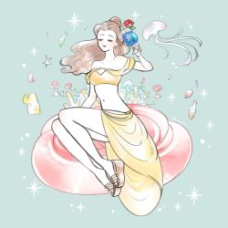 1girl adapted_costume animification beauty_and_the_beast_(disney) belle_(disney) brown_hair coral_reef earrings fish flower holding jewelry long_hair looking_at_viewer meecosme ponytail rose smile solo