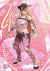 1girl abs absurdres animal_print artist_name belt belt_buckle blonde_hair breasts buckle character_name cirenk cleavage commentary cow_print cowboy_hat crop_top english_commentary facial_mark full_body gradient_pants green_eyes hair_between_eyes hat heart heart_facial_mark highres large_breasts lips long_hair lulu_lasso multicolored_footwear multicolored_hair multicolored_pants navel_piercing nexas_(vtuber) outline pants piercing pink_background pink_belt pink_hair second-party_source shirt sidelocks solo standing star_(symbol) streaked_hair virtual_youtuber white_footwear white_outline white_shirt