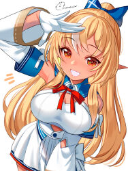 Rule 34 | 1girl, :d, arm up, blonde hair, bow, bow skirt, bowtie, breasts, cleavage cutout, clothing cutout, commentary request, criss-cross halter, cutout above navel, detached collar, detached sleeves, elf, gloves, grin, hair bow, half gloves, halterneck, high ponytail, highres, hololive, large breasts, leaning forward, long hair, long sidelocks, looking at viewer, miniskirt, momone cco, multicolored hair, open mouth, pleated skirt, pointy ears, ponytail, red bow, red bowtie, shiranui flare, shiranui flare (1st costume), shirt, sidelocks, simple background, skirt, skirt set, smile, solo, streaked hair, virtual youtuber, white background, white gloves, white shirt, white skirt, white sleeves, wide ponytail, wide sleeves