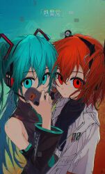 2girls a.i._voice absurdres adachi_rei aqua_eyes aqua_hair bare_shoulders black_shirt black_sleeves closed_mouth detached_sleeves grey_shirt hair_between_eyes hair_ornament hand_up hashtag-only_commentary hatsune_miku highres holding jacket long_hair long_sleeves medium_hair multiple_girls netsu_ijou_(utau) one_side_up open_clothes open_jacket orange_eyes orange_hair shirt sleeveless sleeveless_shirt song_name su_dong_huo_ji twintails upper_body utau vocaloid white_jacket
