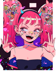 1girl absurdres bandaid bandaid_on_face bandaid_on_nose black_hairband black_jacket black_shirt blank_speech_bubble blue_horns border commentary ear_piercing earrings english_commentary fake_horns fingernails flat_chest fox_hair_ornament hairband hello_kitty hello_kitty_(character) highres holding horns jacket jacket_partially_removed jewelry long_fingernails looking_afar looking_to_the_side mario mario_(series) medium_hair nintendo open_mouth original outside_border piercing pink_eyes pink_hair poke_ball pokemon sanrio shirt smile solo speech_bubble star_(symbol) star_in_eye sticker_on_face strapless strapless_shirt symbol_in_eye teeth thread twintails white_border wonbin_lee