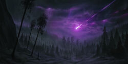 44visions absurdres cloud comet cthulhu_mythos highres landscape no_humans outdoors overcast pine_tree purple_sky scenery sky tree