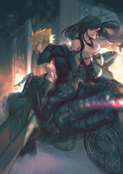 1boy 1girl armor bare_shoulders black_gloves black_hair black_skirt black_sports_bra black_thighhighs blonde_hair blue_eyes bracelet breasts buster_sword clenched_hand closed_mouth cloud_strife commentary crop_top english_commentary fighting_stance final_fantasy final_fantasy_vii final_fantasy_vii_remake fingerless_gloves floating_hair from_behind full_body gloves highres holding holding_sword holding_weapon huge_weapon jewelry large_breasts long_hair looking_at_viewer looking_back low-tied_long_hair midriff miyukiko motor_vehicle motorcycle open_mouth profile red_eyes red_shoes shoes short_hair shoulder_armor signature single_bare_shoulder sitting skirt sleeveless sleeveless_turtleneck spiked_hair sports_bra sweater sword tank_top thighhighs tifa_lockhart turtleneck turtleneck_sweater weapon white_tank_top zettai_ryouiki