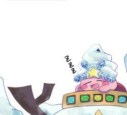 1boy closed_eyes copy_ability detexted drooling highres ice_kirby kirby kirby&#039;s_return_to_dream_land kirby&#039;s_return_to_dream_land_deluxe kirby_(series) kulenoa lying nintendo on_stomach open_mouth sleeping snow_bowl_kirby snowman solo tagme third-party_edit white_background zzz
