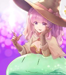 1girl :3 absurdres bikini bikini_top_only bow breasts brooch brown_capelet brown_gloves brown_headwear capelet cleavage commentary copyright_name finger_gun gloves hand_on_own_cheek hand_on_own_face hat hat_bow highres jewelry kotoharu long_hair looking_at_viewer mage_(ragnarok_online) medium_breasts open_mouth pink_bow pink_hair poporing purple_eyes ragnarok_online ragnarok_origin red_bikini slime_(creature) swimsuit upper_body witch_hat