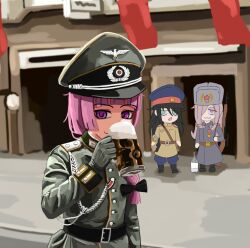alcohol bags_under_eyes beer beer_mug belt black_belt black_bow black_hair bocchi_the_rock! bow cup germany gloves green_eyes green_gloves gun hat hiroi_kikuri kuroki_tomoko kurokimoko little_witch_academia military military_hat military_uniform mug nazi nazi_uniform outdoors parody peaked_cap purple_eyes purple_hair red_eyes red_star rifle scene_reference soviet star_(symbol) sucy_manbavaran watashi_ga_motenai_no_wa_dou_kangaetemo_omaera_ga_warui! weapon