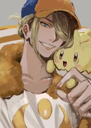 Rule 34 | 1boy, absurdres, arm up, blonde hair, blue eyes, brown fur, newsboy cap, collarbone, elemoncake, fur trim, gen 2 pokemon, ginkgo guild uniform, grey background, grin, hair over one eye, hat, highres, male focus, nintendo, on shoulder, one eye covered, pokemon, pokemon (creature), pokemon legends: arceus, pokemon on shoulder, smile, solo, teeth, togepi, upper body, volo (pokemon)