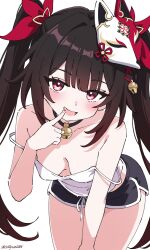 1girl :d absurdres bare_shoulders bell black_hair black_shorts blush breasts cleavage collarbone fox_mask fuzake_neko highres honkai:_star_rail honkai_(series) jingle_bell long_hair looking_at_viewer mask mask_on_head medium_breasts neck_bell open_mouth red_eyes shorts simple_background smile solo sparkle_(honkai:_star_rail) twintails twitter_username white_background