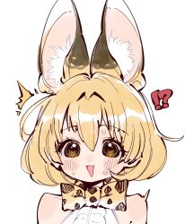 1girl animal_ears animal_print blonde_hair blush bow bowtie brown_eyes extra_ears highres kemono_friends nervous_sweating notora open_mouth print_bow print_bowtie serval_(kemono_friends) shirt short_hair sleeveless sleeveless_shirt smile surprised sweat