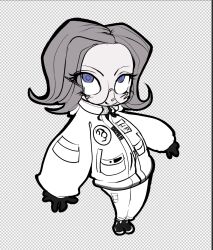 1boy aotsuki_eito black_gloves black_shoes blue_eyes checkered_background full_body glasses gloves grey_hair highres jacket looking_up male_focus open_mouth pants parted_hair shoes smile solo solo_focus standing the_hundred_line_-last_defense_academy- white_jacket white_pants