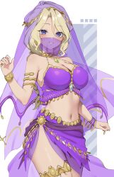 1girl armlet bare_shoulders blonde_hair blue_eyes braid breasts campbell_xx chloe_croce cleavage commentary_request crop_top dancer gem gold_thighlet gold_trim green_gemstone gundam gundam_side_story:_missing_link hand_up harem_outfit highres jewelry large_breasts looking_at_viewer mask mouth_mask navel purple_sarong purple_veil sarong see-through_clothes see-through_mask see-through_veil simple_background single_braid smile solo stomach thighlet veil