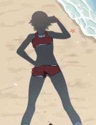 1girl absurdres beach brown_hair commentary dressed_shadow_(meme) english_commentary female_pubic_hair hand_on_own_hip highres implied_nudity kyoko_(madaotheory) madaotheory meme ocean original outdoors pov pubic_hair pussy_juice pussy_juice_stain pussy_juice_trail red_shorts red_sports_bra sand shadow shoes short_hair short_shorts shorts solo sports_bra starfish unworn_shorts water white_shoes