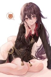 1girl :p black_shirt black_shorts bracelet brown_hair chonako collarbone commentary_request crossed_bangs feet_out_of_frame flower-shaped_pupils genshin_impact gradient_hair hair_between_eyes hand_up highres hu_tao_(genshin_impact) jewelry long_hair looking_at_viewer multicolored_hair pillow red_eyes ring shirt short_shorts shorts sidelocks simple_background sitting smile solo speech_bubble symbol-shaped_pupils tongue tongue_out very_long_hair white_background
