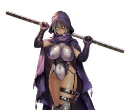 Rule 34 | 1girl, alternate eye color, aqua hair, bare shoulders, black sclera, boots, breasts, cape, cloak, colored sclera, covered navel, curvy, dark skin, gloves, hair ornament, highleg, highleg leotard, highres, holding, holding weapon, hood, hooded coat, huge breasts, impossible clothes, impossible leotard, kurotani kai, leotard, lilith-soft, lips, looking at viewer, multicolored leotard, parted lips, polearm, rabidhowl, revealing clothes, shaded face, shiny clothes, shiny skin, solo, taimanin (series), taimanin rpgx, thong leotard, transparent background, two-tone leotard, weapon, wide hips, yellow eyes