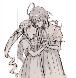 2girls ahoge aoki_shizumi blush closed_mouth commentary greyscale hand_on_another&#039;s_waist highres holding_hands isemi_tina long_hair long_skirt looking_at_another monochrome multiple_girls parted_lips pleated_skirt puffy_short_sleeves puffy_sleeves rock_wa_lady_no_tashinami_deshite short_sleeves skirt smile suzunomiya_lilisa sweatdrop twintails very_long_hair yuri
