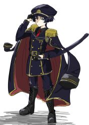 Rule 34 | 1boy, aiguillette, arm at side, belt, belt buckle, black belt, black boots, black coat, black gloves, black hair, black hat, black jacket, black sleeves, black undershirt, blunt ends, boots, bright pupils, buckle, buttons, closed mouth, coat, coat on shoulders, collared shirt, double-breasted, dress shirt, emblem, epaulettes, expressionless, fatui logo, full body, genshin impact, gloves, gold buckle, half gloves, hand up, hat, highres, holding, holding sword, holding weapon, jacket, katana, knee boots, lace-up boots, lapels, long sleeves, looking at viewer, male focus, military uniform, necktie, peaked cap, purinigax, purple eyes, red coat, red necktie, scaramouche (genshin impact), sheath, sheathed, shirt, solo, standing, sword, two-sided coat, two-sided fabric, weapon, white background, white pupils