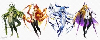 4girls argyle_background bikini blonde_hair blue_hair blue_skin colored_inner_hair colored_skin commentary_request cracked_skin extra_arms gradient_hair green_hair green_skin highres holding holding_staff holding_sword holding_weapon hollow_body horns lizard_tail looking_at_viewer mage_staff monster_girl multicolored_hair multiple_girls original red_hair red_skin ruteko_(ruko220) staff swimsuit sword tail thighhighs thong thong_bikini weapon white_background yellow_skin