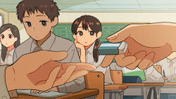 brown_eyes brown_hair chalkboard classroom collared_shirt desk eraser giving head_rest highres holding kojiro337 long_hair long_sleeves original school_desk shirt short_hair white_shirt