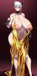 1girl absurdres areola_slip blush breasts breasts_apart censored choker cocktail_dress collarbone covered_erect_nipples cup curvy dress drinking_glass earrings evening_gown expressionless expressionless_maid_(konoshige) grey_eyes grey_hair hair_bun hair_ornament highres huge_areolae huge_breasts jewelry konoshige_(ryuun) large_nipples looking_at_viewer mosaic_censoring navel no_panties original pussy revealing_clothes short_hair standing thick_thighs thighhighs thighs wide_hips wine_glass