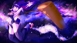 1girl animal_ears armpits black_gloves black_thighhighs blonde_hair blue_hair boots breasts clothing_cutout gloves highres holding kine large_breasts leotard mallet medium_breasts navel_cutout original playboy_bunny rabbit_ears rabbit_tail shiny_skin solo space tail thighhighs yumefaery
