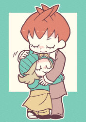 2boys absurdres aged_down antenna_hair aqua_background aqua_hat aqua_hoodie beanie black_shoes blonde_hair brothers brown_hair brown_jacket brown_pants chibi chibi_only closed_eyes closed_mouth collared_shirt commentary commentary_request flipped_hair formal_clothes full_body hand_on_another&#039;s_head hat headpat highres hood hood_down hoodie hug jacket johnny_joestar jojo_no_kimyou_na_bouken long_sleeves m_a_a_m_8 medium_hair multiple_boys nicholas_joestar official_alternate_costume outline pants shirt shoes short_hair siblings skirt smile standing steel_ball_run suit u_u white_shirt yellow_pants yellow_shirt