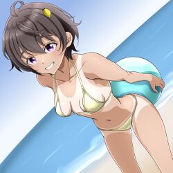 1girl arms_behind_back ball beach beachball bikini black_hair breasts collarbone dark-skinned_female dark_skin dutch_angle food-themed_hair_ornament hair_ornament holding holding_ball holding_beachball lemon_hair_ornament looking_at_viewer make_heroine_ga_oo_sugiru! navel ocean outdoors purple_eyes ruri_(ruri_) short_hair small_breasts solo swimsuit yakishio_lemon yellow_bikini