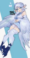 Rule 34 | 1girl, animal feet, bird legs, bird tail, black dress, blue background, blue eyes, blue hair, blue wings, claws, commentary, commission, diamond-shaped pupils, diamond (shape), dress, english commentary, feathered wings, fur-tipped ears, hand on own cheek, hand on own face, harpy, highres, looking at viewer, monster girl, original, pointy ears, short hair, sideways hat, skeb commission, sleeveless, sleeveless dress, solo, symbol-shaped pupils, taiga (klm1511), tail, talons, winged arms, wings