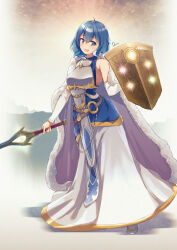 1girl :d armor artist_name bare_shoulders binding_shield blue_eyes blue_hair blush breastplate cape commentary_request cosplay dermar dress elbow_gloves falchion_(fire_emblem) fire_emblem fire_emblem_awakening fire_emblem_heroes fur-trimmed_cape fur_trim gloves hair_between_eyes highres holding holding_shield holding_sword holding_weapon looking_at_viewer lucina_(fire_emblem) lucina_(fire_emblem)_(cosplay) lucina_(hope-ruling_queen)_(fire_emblem) female_morgan_(fire_emblem) nintendo open_mouth purple_cape shield short_hair smile solo sword weapon white_dress white_gloves