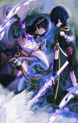 1boy 1girl absurdres arm_at_side armor black_bodysuit black_hair black_kimono black_shorts black_shrug black_sleeves black_thighhighs blunt_bangs blunt_ends bodysuit bridal_gauntlets bug butterfly chinese_knot closed_mouth electro_symbol_(genshin_impact) flower furisode genshin_impact gold gold_ring gold_trim hair_flower hair_ornament highres holding holding_sword holding_weapon hole_in_chest hole_on_body insect japanese_armor japanese_clothes jewelry juban kimono kimono_skirt kote kurokote layered_sleeves long_hair looking_at_another low-braided_long_hair low-tied_long_hair lying middle_ring mitsudomoe_(shape) momogourami mother_and_son multicolored_hair musou_isshin_(genshin_impact) neck_ring obi obiage obijime off_shoulder on_back pelvic_curtain plant pom_pom_(clothes) purple_bag purple_bridal_gauntlets purple_butterfly purple_electricity purple_eyes purple_flower purple_hair purple_kimono purple_nails purple_sash purple_sleeves raiden_shogun red_kimono red_sash sash scaramouche_(genshin_impact) short_sleeves shorts shrug_(clothing) single_sidelock single_sode sleeve_rolled_up smile standing streaked_hair string sword tassel tassel_hair_ornament thighhighs tomoe_(symbol) turtleneck turtleneck_bodysuit vision_(genshin_impact) weapon white_kimono white_trim wide_sleeves