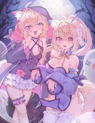 2girls absurdres alternate_costume amaterasu_(artist) anger_vein animal_ear_fluff animal_ears bare_shoulders bat_(animal) black_choker black_coat black_dress black_nails blonde_hair blood blood_in_mouth blue_dress blue_hair blush braid breasts buttons choker cleavage cloak coat commentary commission cowboy_shot criss-cross_halter crossed_bangs detached_collar detached_sleeves dog_ears dog_girl dog_tail double-breasted double-parted_bangs dress embarrassed english_commentary fangs frilled_choker frilled_thigh_strap frilled_thighhighs frills fuwawa_abyssgard ghost groin hair_between_eyes hair_intakes half_up_braid halter_dress halterneck highres hololive hololive_english hood hooded_cloak jiangshi_costume long_hair long_sleeves medium_breasts mococo_abyssgard multicolored_hair multiple_girls nail_polish no_panties outdoors outstretched_arms pelvic_curtain pink_eyes pink_hair pink_nails ponytail short_dress short_hair siblings sisters sleeve_garter sleeves_past_wrists small_breasts strapless strapless_dress streaked_hair tail thigh_strap thighhighs twins two-sided_cloak two-sided_fabric virtual_youtuber white_thighhighs wide_sleeves zombie_pose
