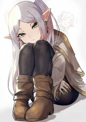 1girl black_leggings boots brown_boots capelet closed_mouth earrings elf frieren green_eyes grey_hair hugging_own_legs jewelry leggings long_hair long_sleeves looking_at_viewer parted_bangs pointy_ears short_eyebrows sidelocks simple_background sitting solo sousou_no_frieren teardrop_earrings twintails walzrj white_background