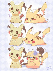 Rule 34 | :3, :d, artist name, blush, brown eyes, checkered background, commentary request, furrowed brow, gen 1 pokemon, gen 7 pokemon, grin, highres, mimikyu, mugita konomi, nintendo, no humans, open mouth, pikachu, pokemon, pokemon (creature), purple background, shaded face, smile, sweat, tears