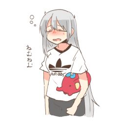 1girl blush blush_stickers carrying carrying_under_arm chibi closed_eyes grey_hair grey_pants hair_between_eyes higuchi_kaede long_hair nijisanji nose_blush open_mouth pants rebecca_(keinelove) shirt short_sleeves simple_background solo translation_request very_long_hair virtual_youtuber white_background white_shirt