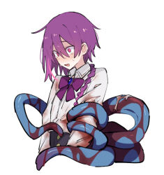 Rule 34 | 1girl, azuma shino, blood, blood on clothes, bow, braid, braided ponytail, brooch, jewelry, nia (azuma shino), purple bow, purple eyes, purple hair, shirt, solo, solo focus, sweat, tears, tentacles, white background, white shirt