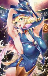 Rule 34 | 1girl, arm up, armpits, bare shoulders, blonde hair, blue hat, blue leotard, blush, breasts, cleavage, dark magician girl, detached sleeves, duel monster, green eyes, hat, highres, jewelry, large breasts, leotard, long hair, looking at viewer, looking back, off shoulder, open mouth, pink skirt, sasakuma kyouta, skirt, smile, solo, wand, wizard hat, yu-gi-oh!