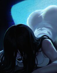 1girl ass black_hair black_lips breasts cinderone commentary covered_eyes dress ghost_girl glitch hair_over_eyes highres large_breasts long_hair solo television the_ring top-down_bottom-up white_dress yamamura_sadako