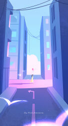1girl artist_name balloon bird black_hair blue_sky building city cloud dress highres huhv. original outdoors pink_hair shirt short_hair sky solo standing