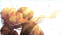 1boy 1girl closed_eyes couple emilia_(re:zero) hairband hetero highres jacket kiss long_hair natsuki_subaru pointy_ears re:zero_kara_hajimeru_isekai_seikatsu ribbon short_hair sigma778 tears white_background wind