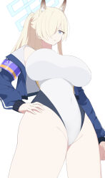 1girl animal_ear_fluff animal_ears armband blonde_hair blue_archive blue_eyes blue_halo blue_jacket blue_sky_story breasts covered_navel dog_ears extra_ears groin hair_over_one_eye halo hand_on_own_hip highres jacket kanna_(blue_archive) kanna_(swimsuit)_(blue_archive) large_breasts long_hair looking_at_viewer multicolored_jacket one-piece_swimsuit parted_lips ponytail purple_armband rectangular_halo sharp_teeth solo swimsuit teeth thighs two-tone_jacket white_jacket white_one-piece_swimsuit