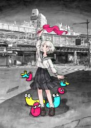 1girl absurdres ahoge black_skirt chiyoda_(tokyo) cloud cloudy_sky gradient_hair hair_ornament highres long_sleeves multicolored_hair original outdoors pink_hair pleated_skirt real_world_location sailor_collar school_uniform serafuku shirt shoes skirt sky socks solo standing tokyo_(city) train_station virtual_youtuber white_shirt yoshizawa_takuma