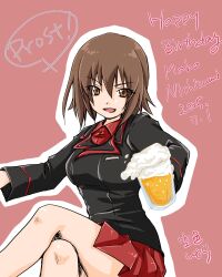 1girl alcohol beer beer_mug black_jacket breasts crossed_legs cup dated girls_und_panzer h84g85sr5329347 hair_between_eyes happy_birthday highres holding holding_cup jacket kuromorimine_military_uniform large_breasts looking_at_viewer military miniskirt mug nishizumi_maho open_mouth pink_background pleated_skirt red_shirt red_skirt shirt short_hair simple_background skirt smile solo