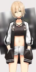 Rule 34 | 1girl, black choker, black jacket, black shirt, blonde hair, breasts, bright pupils, choker, closed mouth, collarbone, cowboy shot, crop top, expressionless, hair between eyes, hands in pockets, highres, indie virtual youtuber, jacket, kushinaka, long sleeves, looking at viewer, maomi yuka, midriff, navel, open clothes, open jacket, shirt, short hair, short shorts, shorts, solo, stomach, thighs, virtual youtuber, white background, white shorts, white sleeves, yellow eyes