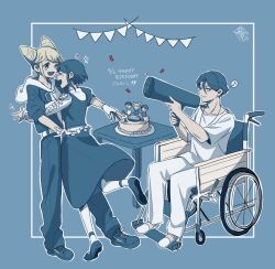 1boy 2girls birthday birthday_cake blue_theme cake character_name closed_eyes collared_shirt commentary_request cone_hair_bun confetti double_bun food frilled_shirt frilled_sleeves frills fukurai_azami full_body hair_bun happy_birthday imminent_hug jasmine_(toshi_densetsu_kaitai_center) long_sleeves meguriya_ayumu monochrome multiple_girls nagiya_r one_eye_closed open_mouth pants pantyhose party_popper shirt shoes short_hair sitting smile standing standing_on_one_leg string_of_flags table toshi_densetsu_kaitai_center wheelchair