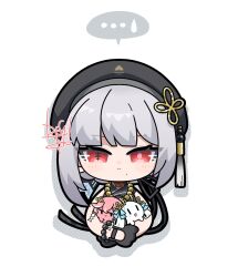Rule 34 | ..., 1girl, :&lt;, animalization, bead necklace, beads, beret, black gloves, black hat, black ribbon, black shirt, changli (wuthering waves), chibi, chibi only, closed mouth, commentary, dog-san, gloves, grey hair, hair ribbon, hat, highres, jewelry, jinhsi (wuthering waves), looking at viewer, mismatched irises, mole, mole under mouth, necklace, red eyes, ribbon, sanhua (wuthering waves), shirt, short hair, simple background, solo, spoken ellipsis, spoken sweatdrop, straight-on, sweatdrop, symbol-only commentary, tacet mark (wuthering waves), white background, wuthering waves