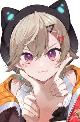 Rule 34 | 1girl, 1other, absurdres, animal hat, black hat, blonde hair, blush, cat hat, closed mouth, commentary request, earrings, facial mark, hair ornament, hairclip, hat, highres, jacket, jewelry, komori met, komori met (5th costume), looking at viewer, open clothes, open jacket, orange eyes, pov, pov hands, sirom, solo focus, virtual youtuber, vspo!, watermark, white background