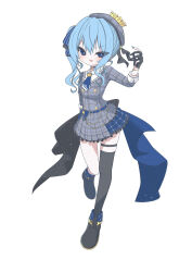 1girl absurdres black_gloves black_shoes blue_choker blue_eyes blue_hair blue_nails blue_necktie blue_ribbon blush bracelet choker commentary_request crown fingerless_gloves full_body gloves grey_shirt grey_skirt hachimitsu_shitate hair_ribbon hat highres hololive hoshimachi_suisei hoshimachi_suisei_(1st_costume) jewelry long_sleeves looking_at_viewer mini_crown necktie open_mouth ribbon shirt shoes simple_background single_thighhigh skirt solo thigh_strap thighhighs virtual_youtuber white_background