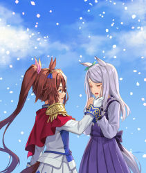 2girls animal_ears blue_sky bow brown_hair closed_eyes cloud commentary_request crying day ear_ribbon epaulettes gloves green_ribbon hair_ribbon hands_up high_ponytail horse_ears horse_girl horse_tail jacket kws long_hair long_sleeves mejiro_mcqueen_(umamusume) multicolored_hair multiple_girls open_mouth outdoors pink_ribbon pleated_skirt ponytail profile purple_shirt purple_skirt ribbon school_uniform shirt single_epaulette skirt sky smile streaked_hair swept_bangs tail tears tokai_teio_(umamusume) tracen_school_uniform umamusume very_long_hair wavy_mouth white_gloves white_hair white_jacket white_skirt
