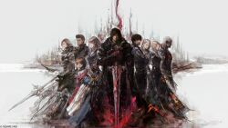 2girls 6+boys absurdres barnabas_tharmr beard benedikta_harman cape castle cidolfus_telamon clive_rosfield dion_lesage dog facial_hair final_fantasy final_fantasy_xvi glowing glowing_sword glowing_weapon highres hugo_kupka jill_warrick joshua_rosfield looking_at_viewer multiple_boys multiple_girls official_art planted planted_sword planted_weapon polearm promotional_art sleipnir_harbard spear standing sword takahashi_kazuya torgal_(ff16) weapon