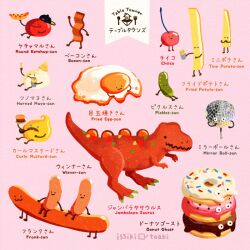 Rule 34 | animal focus, artist name, bread, cherry, closed mouth, crocodilian, dinosaur, donut, dragon, english text, food, food focus, fried egg, fruit, hat, hot dog, issiki toaki, mixed-language text, no humans, open mouth, original, pink background, sausage, simple background, teeth