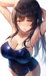 1girl arms_behind_head arms_up black_hair blue_eyes blue_one-piece_swimsuit blush breasts cleavage collarbone commentary_request covered_navel hair_between_eyes highres large_breasts long_hair looking_at_viewer one-piece_swimsuit open_mouth original ray_mil68 sidelocks simple_background solo swimsuit wet white_background